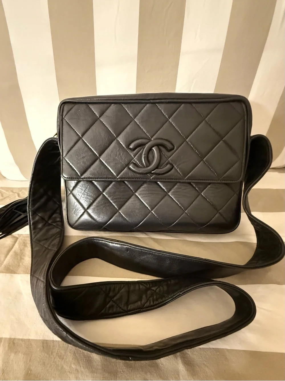 CHANEL Black Leather Zipper Pouch with Gold-Tone Hardware